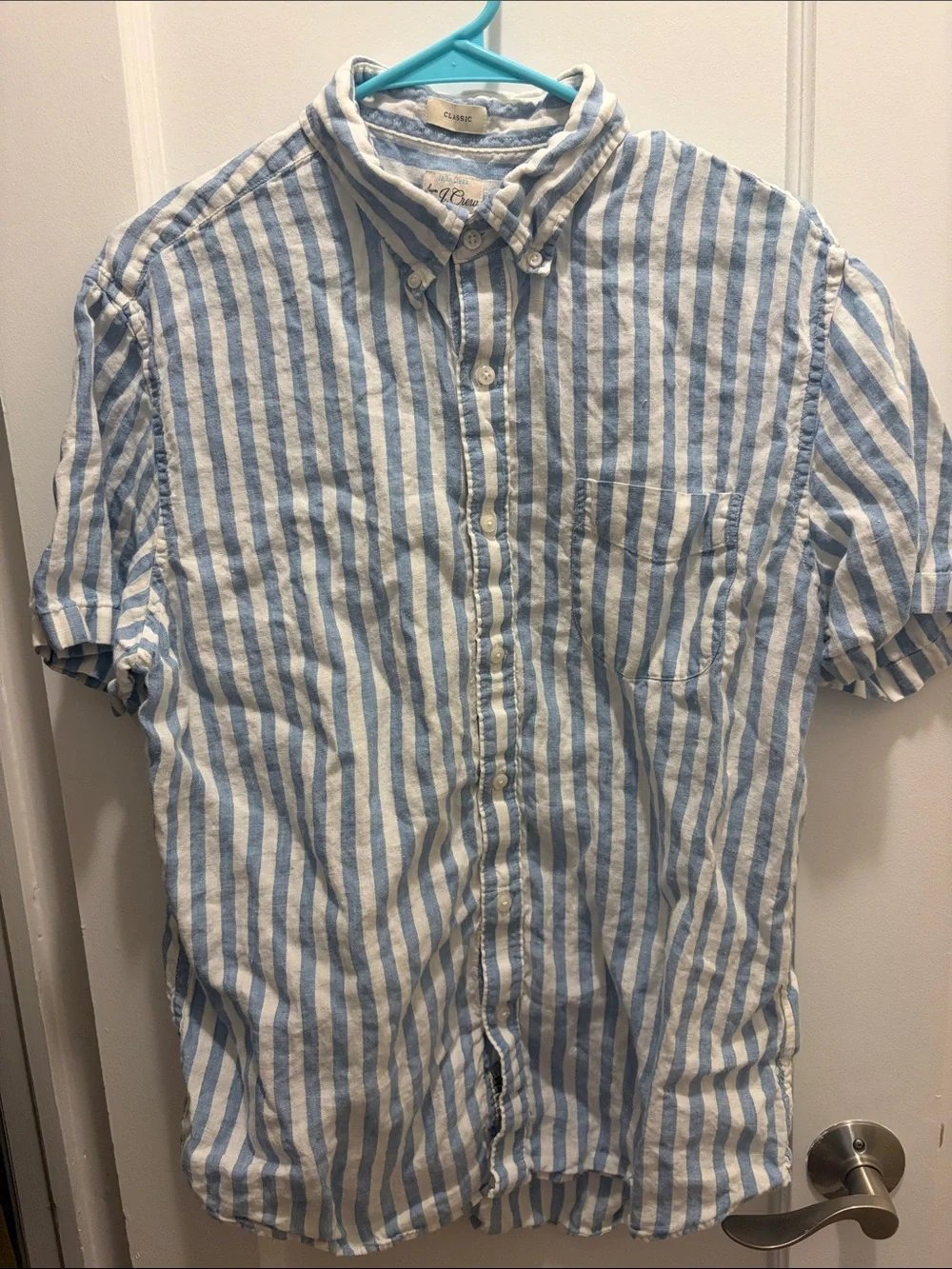 J. Crew Baird McNutt Blue and White Striped Short-Sleeve Linen Shirt